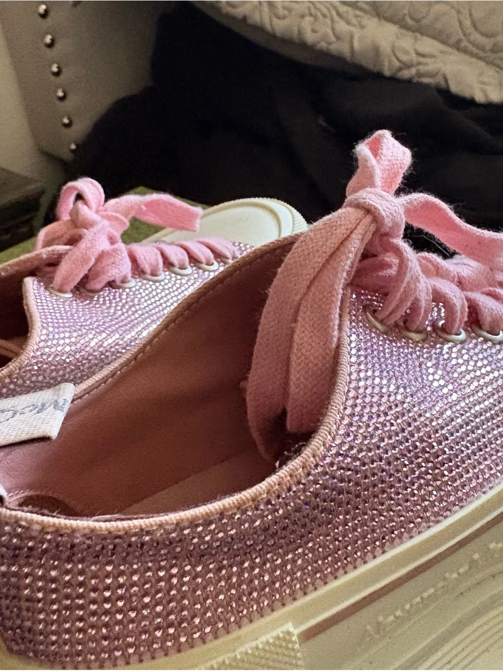 Pink Rhinestone Platform Sneakers - Women's Casual Glitter Shoes